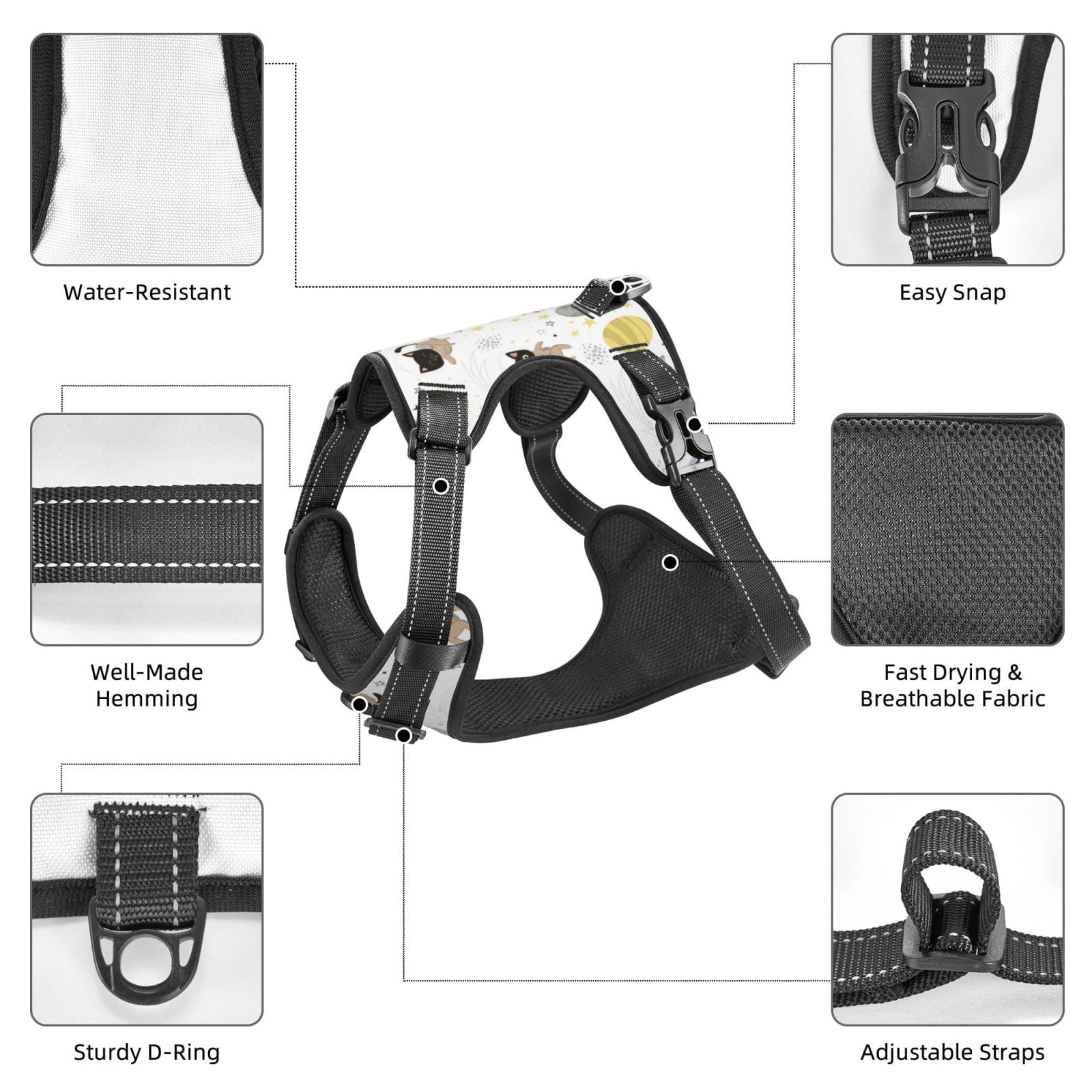 Vsdgher Cute Cat Pattern Dog Harness,No Pull Pet Harness with Soft Padded Handle,Adjustable Reflective Vest with 2 Buckles,4 Slide Buckles,S-XL Large