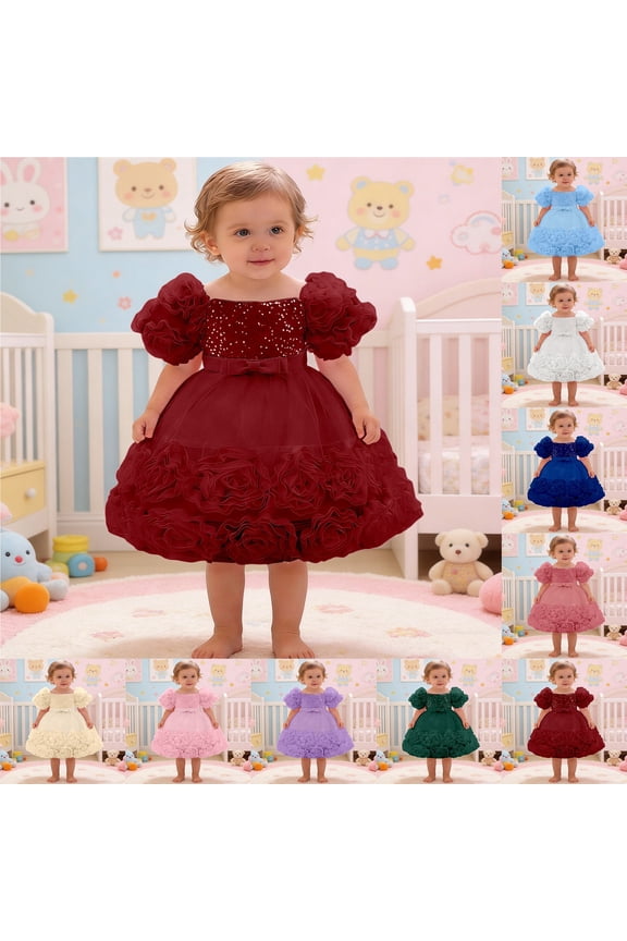 Baby Girls Ball Gown Tutu Dress Mid-Length Short Sleeve Sequin 3D Flowers Bow Decor Birthday Party Cupcake Dresses