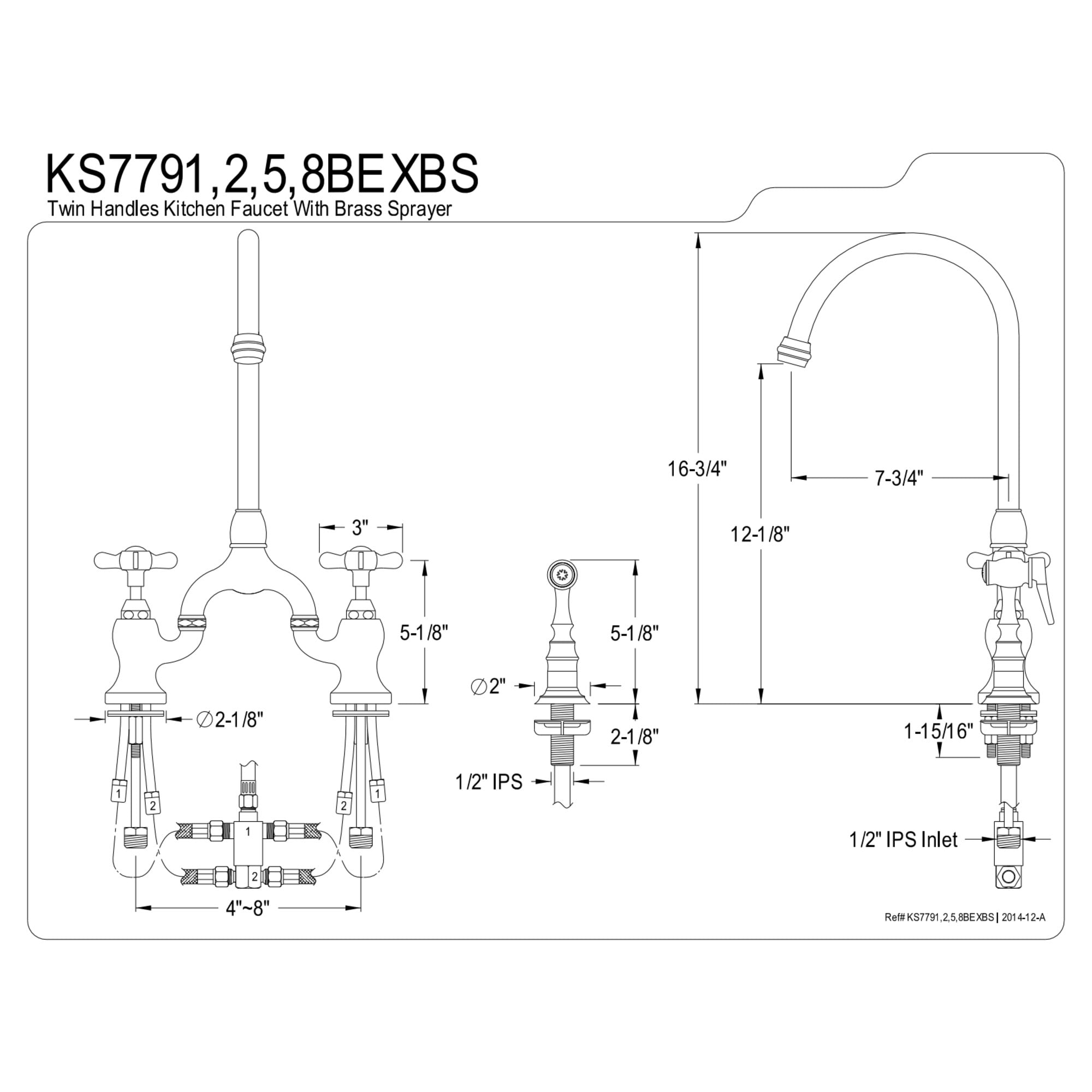 Kingston Brass KS7792BEXBS Essex Two-Handle 3-Hole Deck Mount Bridge Kitchen Faucet with Brass Side Sprayer in Polished Brass