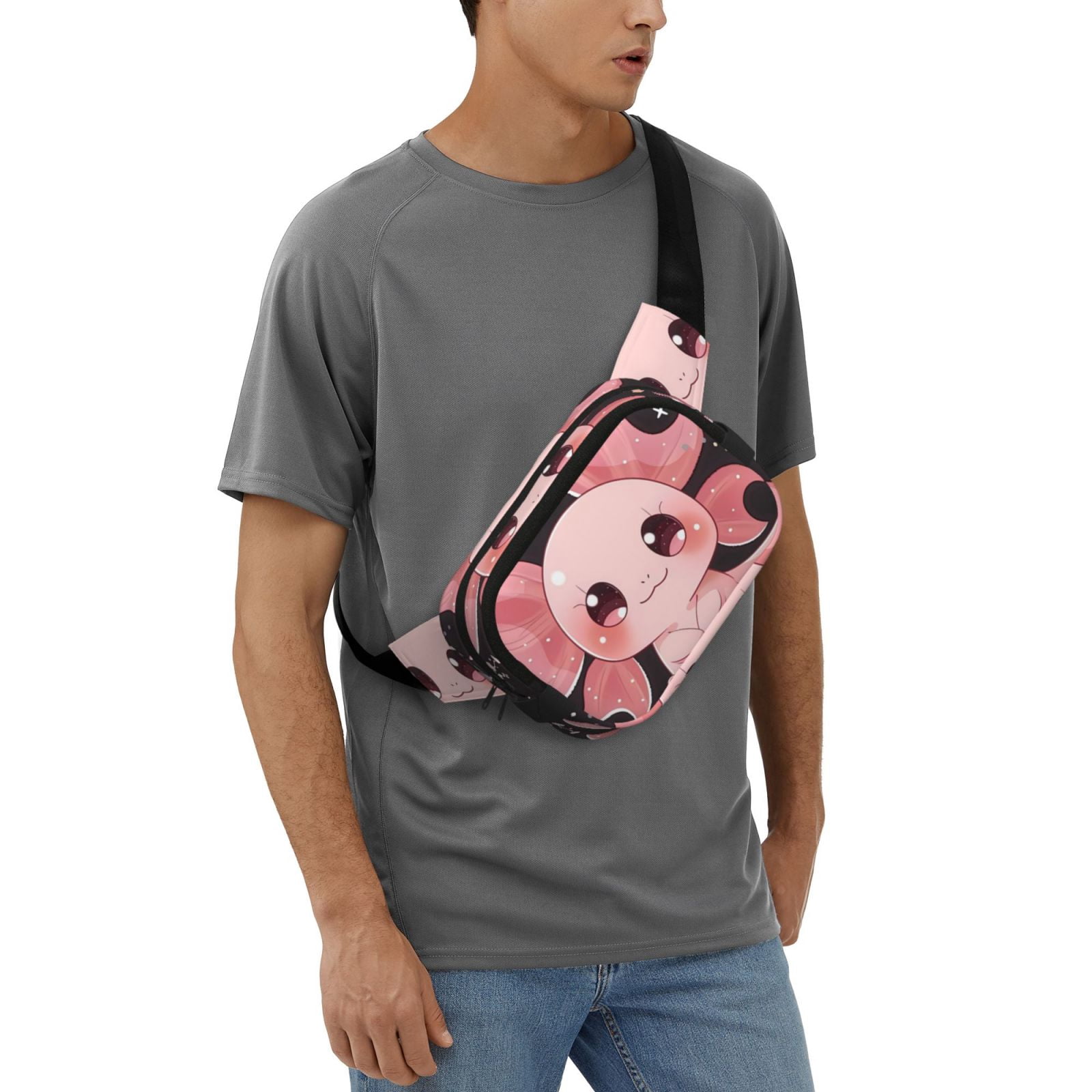 Fuzoiu Chibi Axolotl Sakura Fantasy Print Unisex Square Double Layer Waist Bag,Crossbody Fanny Pack Travel Workout Accessory