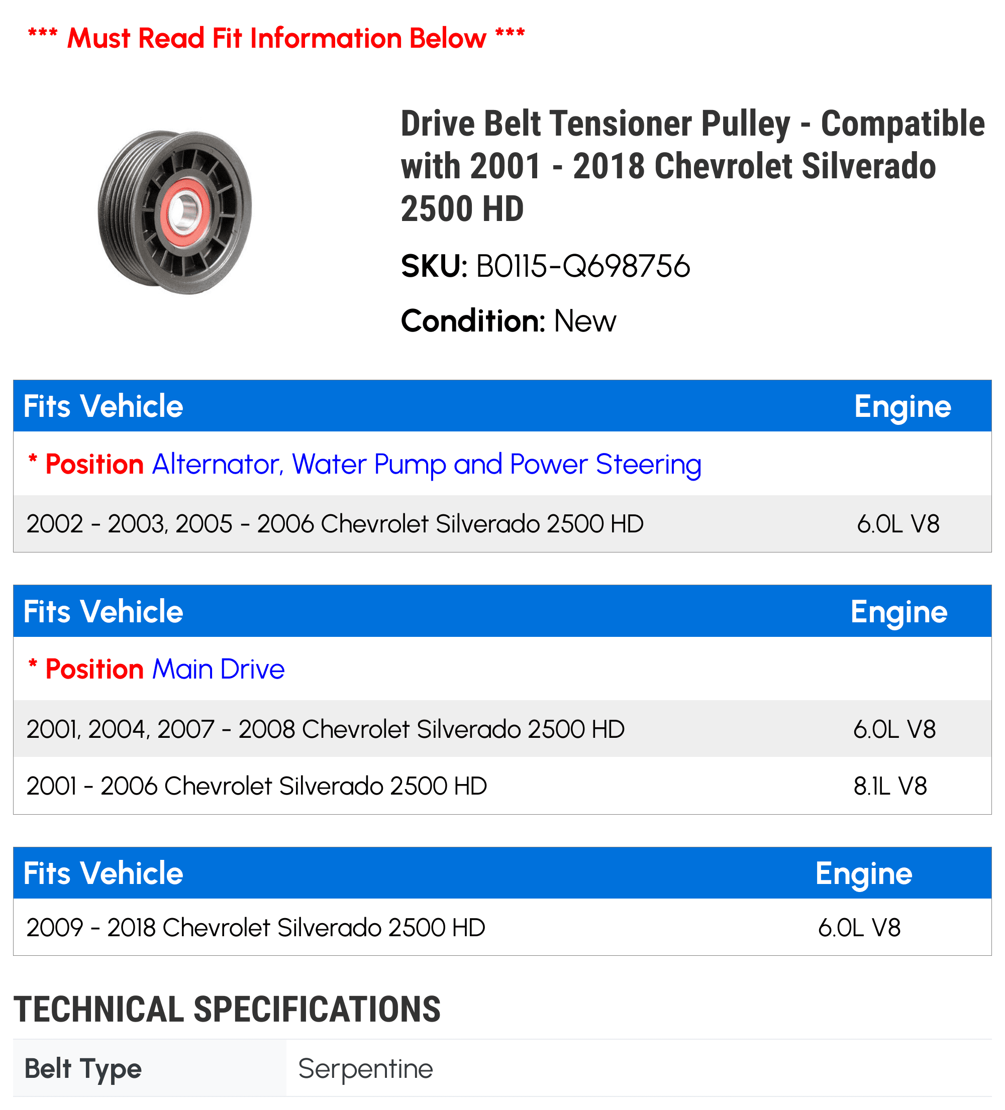 Belt Tensioner Idler Pulley Bolts Chevy And GMC Duramax, 48 OFF