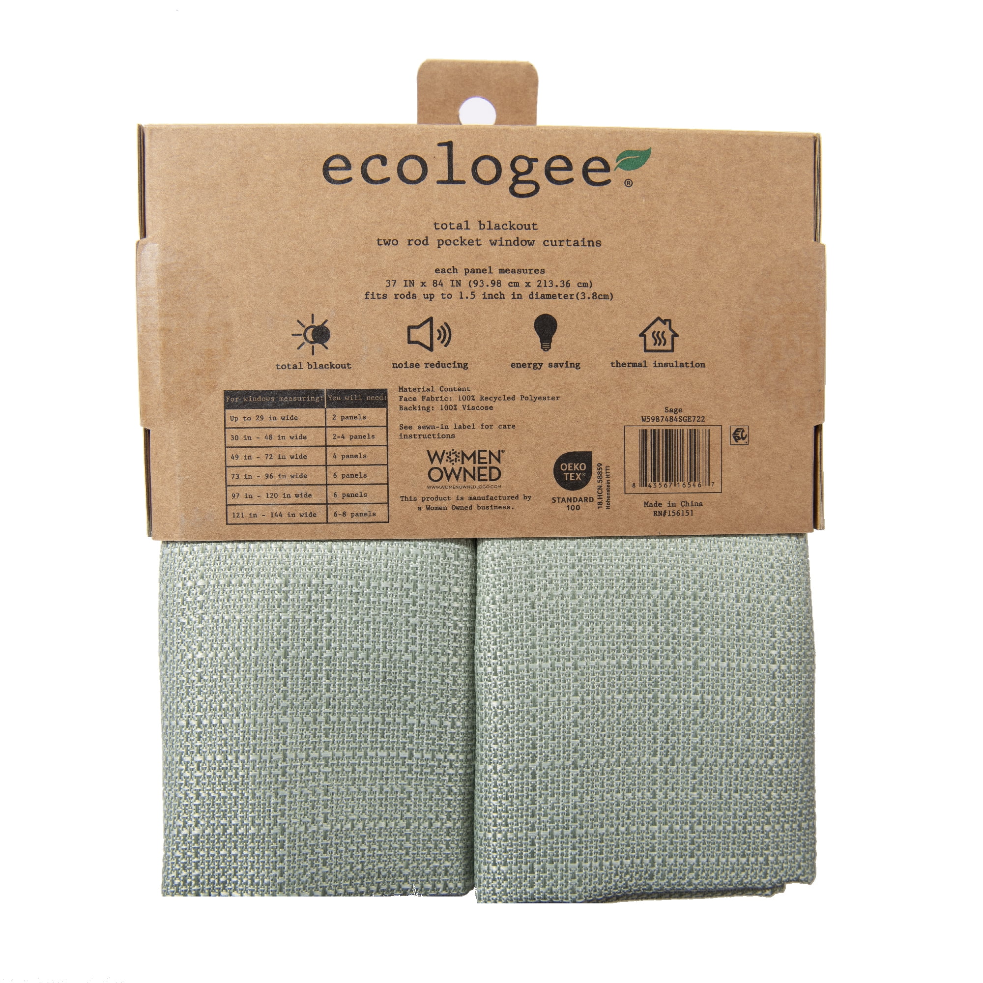 Ecologee Wakefield Textured 100% Blackout Rod Pocket Indoor Curtain Panel Pair, Sage, 37" W x 84" L