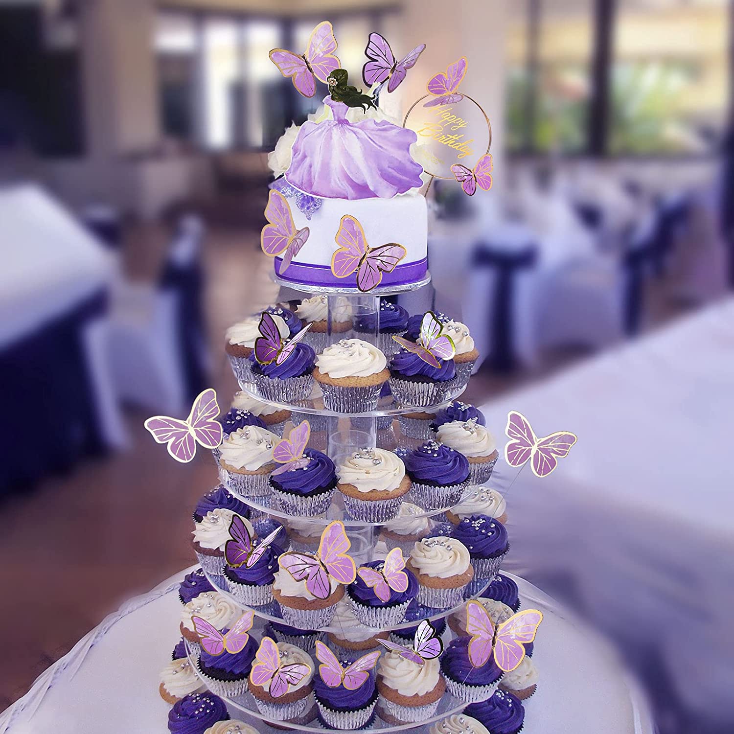 Décorations Gâteau Papillons 3D - 34 Pièces Violet Et Or - Pour Mariage, Anniversaire, Dessert - Faciles à Poser