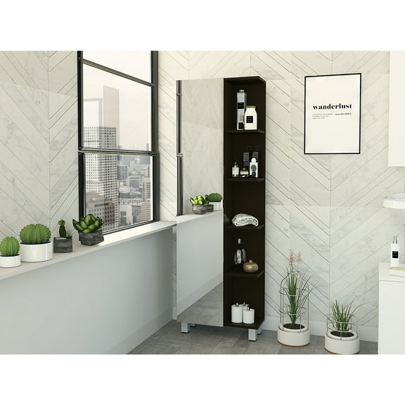 Tuhome Furniture Urano 62" Linen Cabinet with Open Storage and Mirror in Black