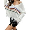 thumbnail image 3 of QAFOPEH Womens Striped Crop Sweater Deep V Neck Long Sleeve Fringed Knit Tops, 3 of 7