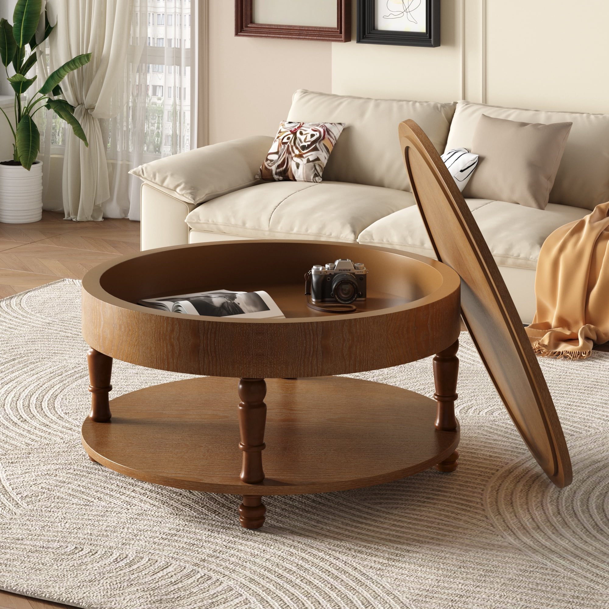 31.5" Round Coffee Table with Hidden Storage, Modern Wood Coffee Table with Flip-Top Compartment & Open Shelf, Dual-Tier Center Table for Living Room,Walnut