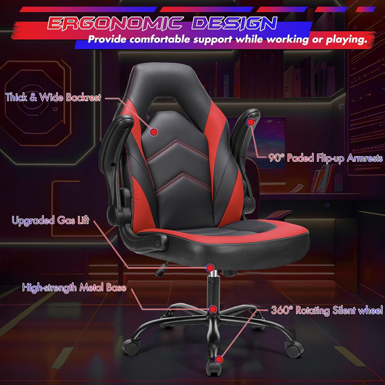 Office Chair with Large Back, PU Leather Swivel Gaming Chair with Thicken Seats and Flip-up Armrests, Chair for Gaming, Work, Sturdy, Red