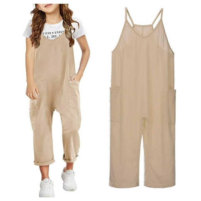 Kids Girls Summer Jumpsuits Spaghetti Strap Rompers With Pockets V Neck Harem Pants Girls Clothes Size 8-10