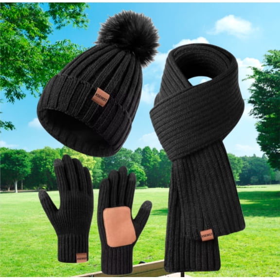 Winter Beanie Hat Scarf Gloves Set For Women,Fleece Beanie With Pom Pom Long Scarf Neck Warmer Touchscreen Gloves 3 In 1 Set Winter Gift