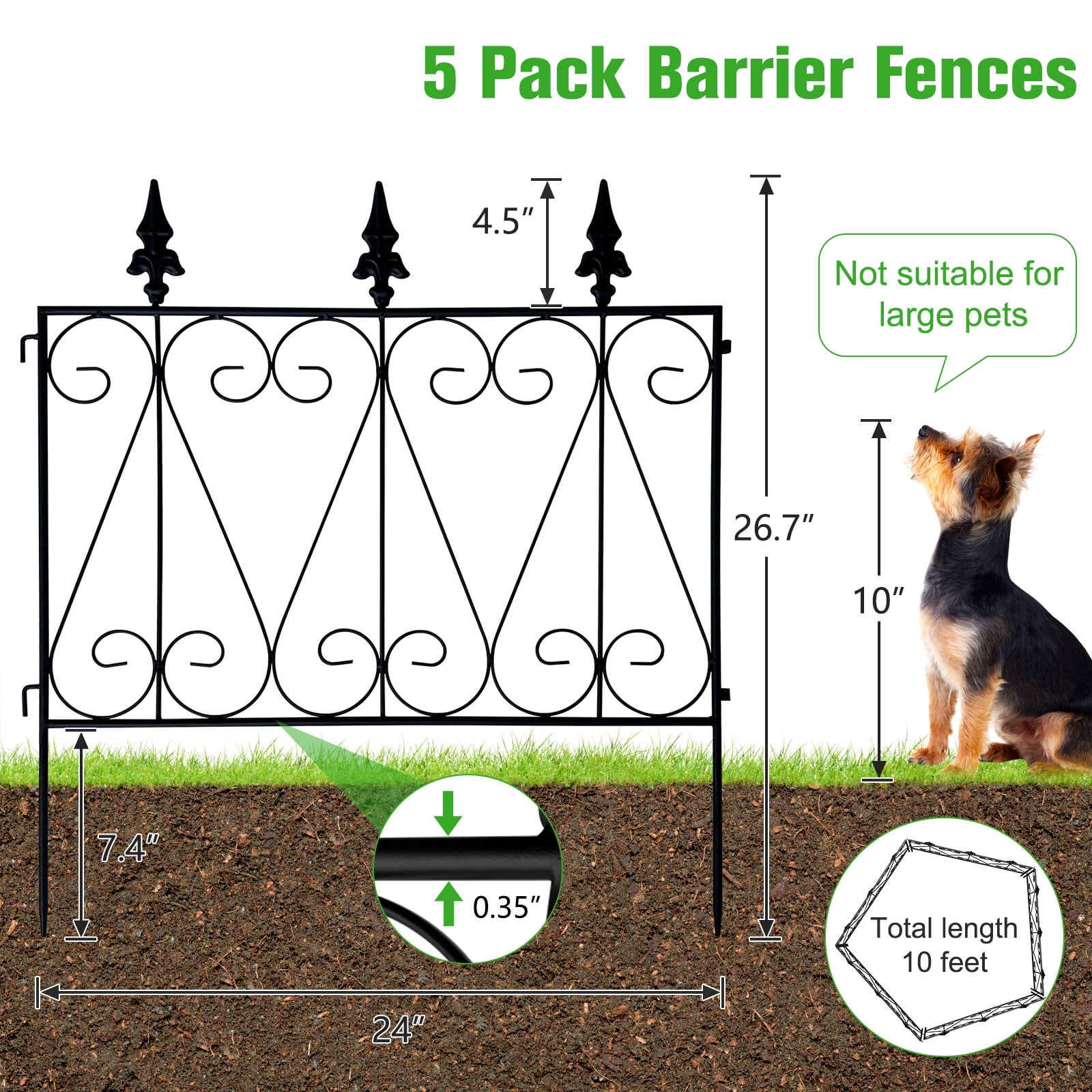 Kinbor 5 Panels Decorative Garden Fence Border Metal Garden Fencing Animal Barrier for Dogs Flower Edging for Yard, Black