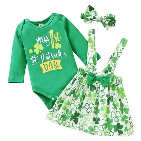 

Toddler Outfit Sets Summer Baby Girl 1St St. Patricks Day Letter Romper Tops Suspender Skirt Headband Kids Clothes Suit