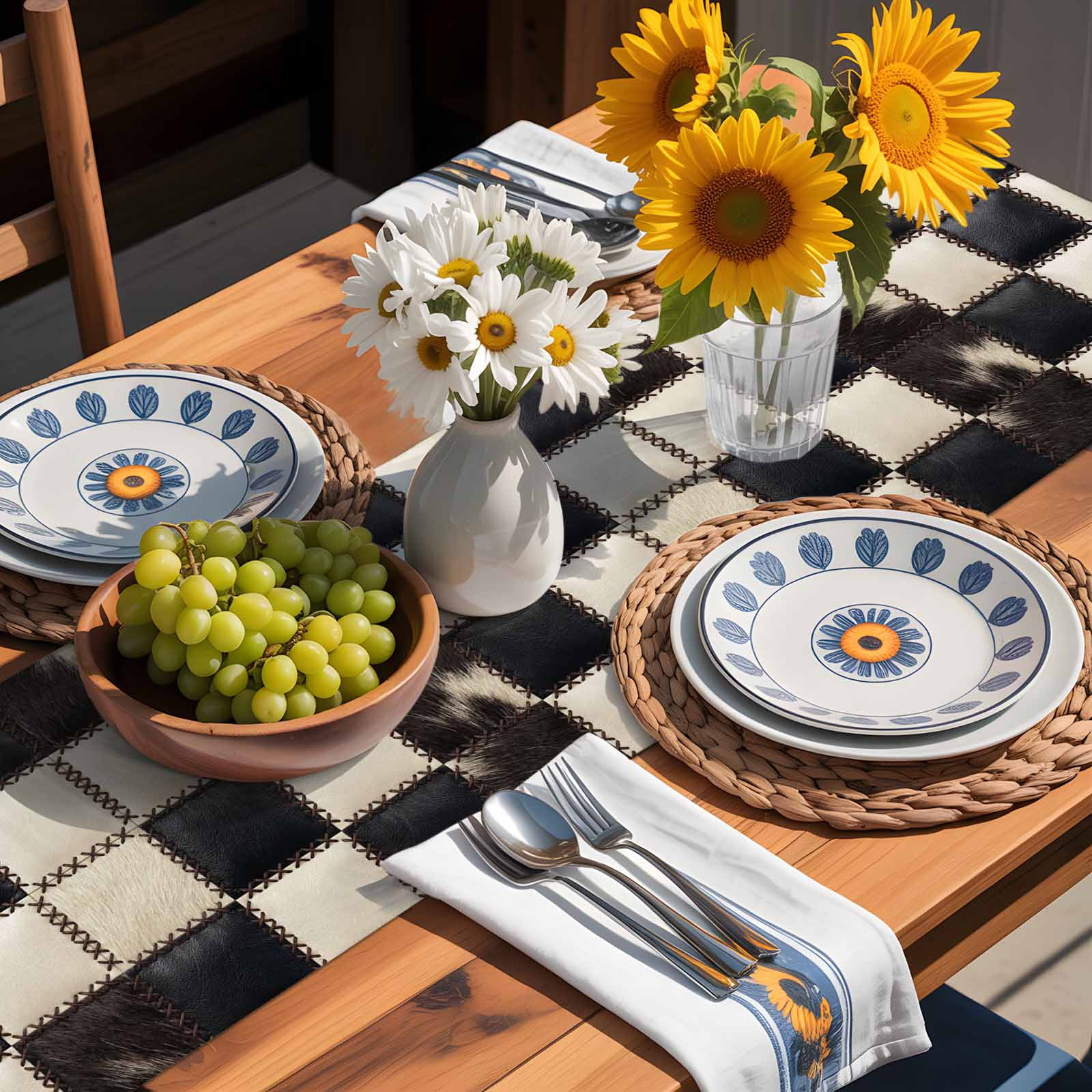 Leather Patchwork Table Runner 18x72 Inch Country Farmhouse Black White Brown Plaid Checkered Cotton Linen Dining Table Runner Ideal for Dresser Kitchen Coffee Tables - Machine Washable
