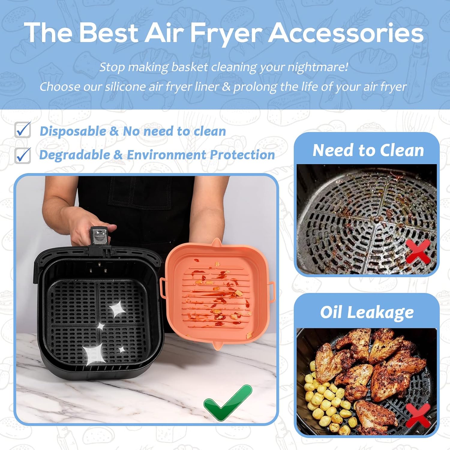 JJEAN-[2 Pack] Silicone Air Fryer Liners Square - Reusable Airfryer Basket - Easy to Clean Air Fryers Pot for 5.8 to 8 Qt Large Air Fryer Baking Tray Oven Accessories, 8.5 Inch