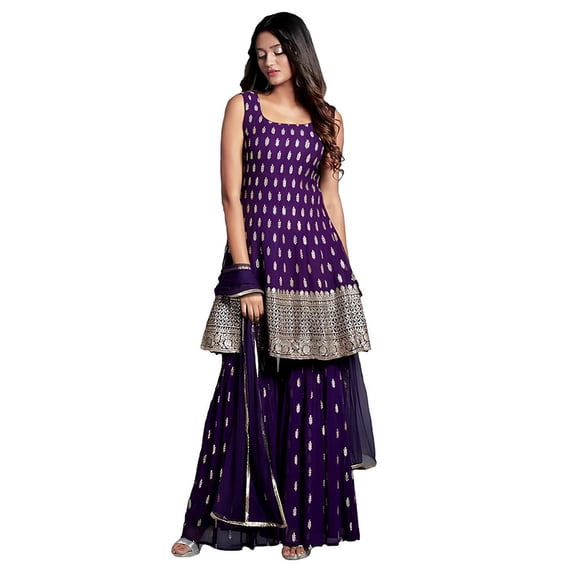 Xomantic Fashion Women's Embroiderd Work Navyblue Color Weding Wear Anarkali Kurta Sharara Set - Indian Ethnic Traditional Wear Kurta Set