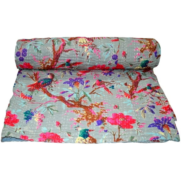 Queen Size Floral Bird Print Kantha Quilt Indian Handmade Cotton Kantha Reversible Bedding Coverlet Kantha Ethnic Ralli Decorative Blanket
