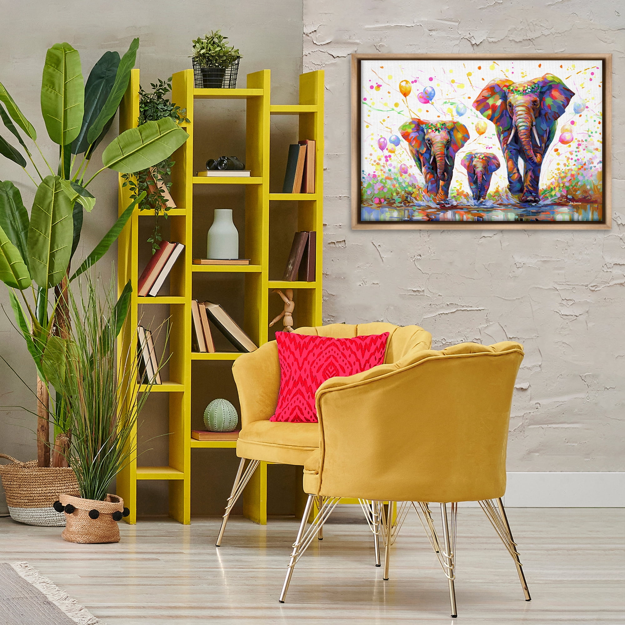 Stupell Industries Elephants & Celebration Balloons Animals & Insects Painting Brown Floater Framed Canvas Art Print Wall Art, 31 x 21