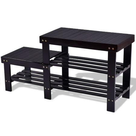 2 Tier Bamboo Shoe Bench Boot Storage Racks Black Walmart Com