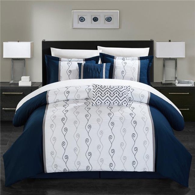 Chic Home CS8033-US Cassian 6 Piece Comforter Set Color Block Embroidered Bedding, Navy - King