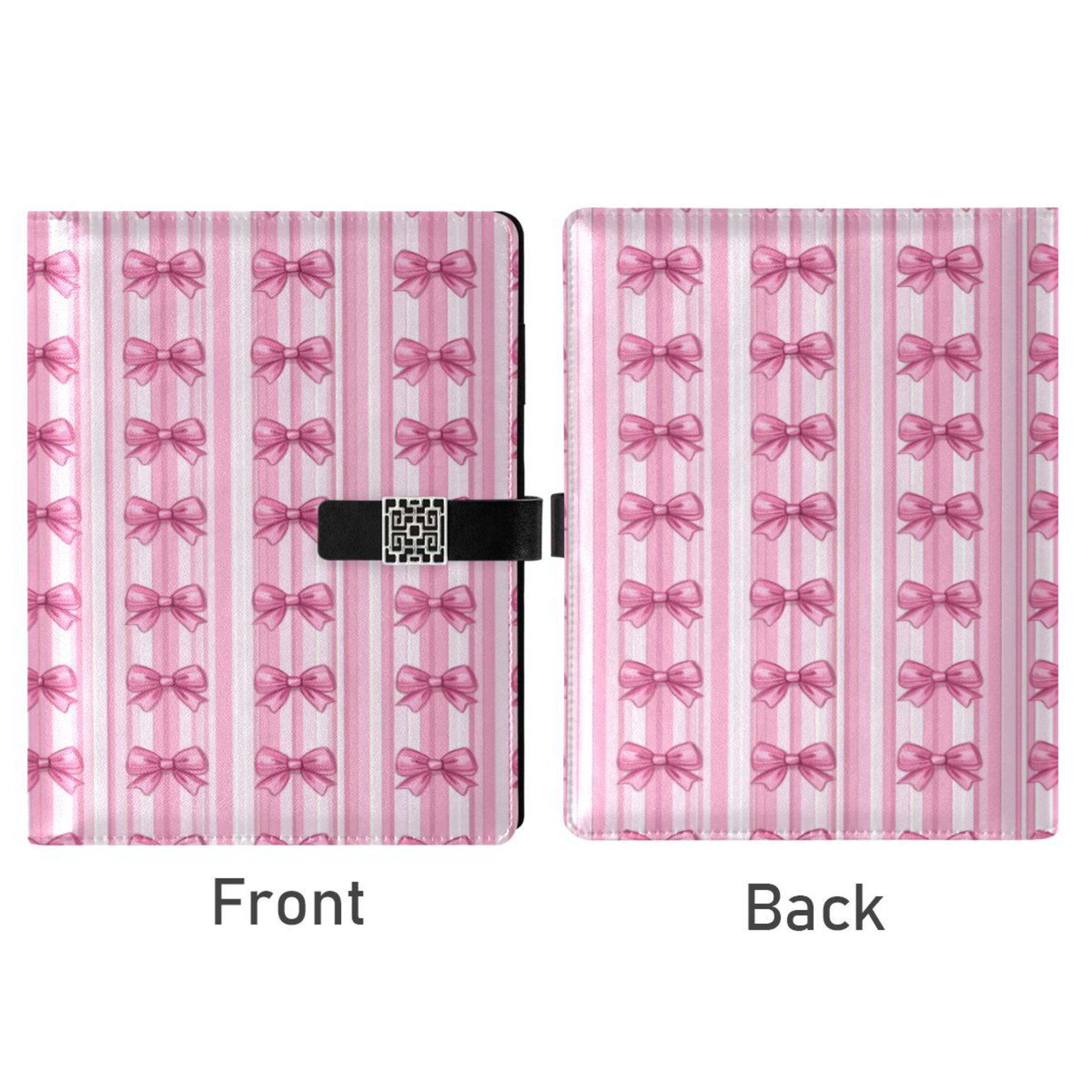 9.2x6.7 inch Leather Notebook 100 Sheets, Multi-Pocket Design & Pen Loop Pink Bows Refillable Journal Organizer