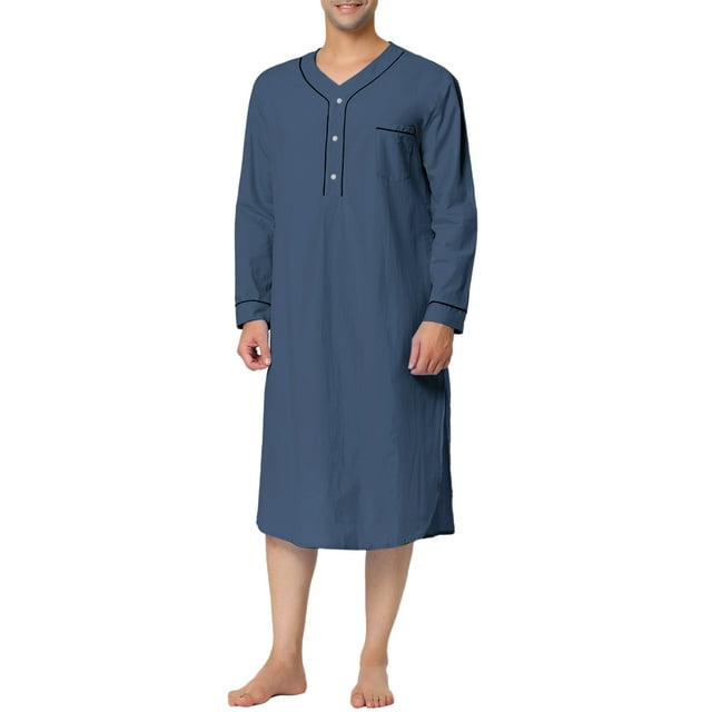 CAMISAS DE NOCHE CHIC INSPIRADOR para hombres, cuello henley, color sólido, bolsillo en el pecho, manga larga, camisa de noche de algodón L azul marino