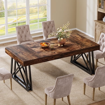 Tribesigns 63-Inch Dining Table for 4-6 Rectangular Kitchen Table with Sturdy Metal Legs Farmhouse Dinner Furniture for Kitchen Home Living Room Rustic Brown & Black