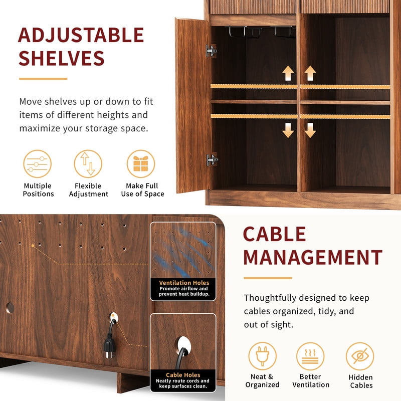 51.2"W Fluted-Door Kitchen Sideboard Buffet with Mini Fridge Nook, Freestanding Bar Wine Storage Cabinet with Charging Station