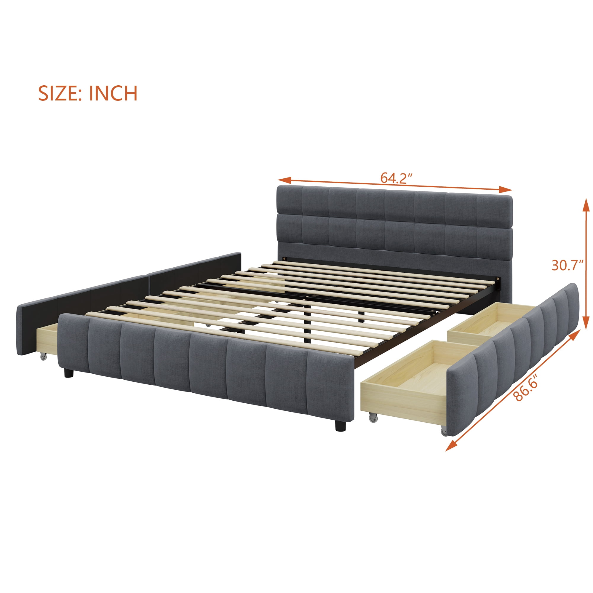 GARITIN Queen Upholstered Platform Bed Frame 86.6 Inch, Bed Frame with 4 Storage Drawers and Block Grid Tufted Headboard, Gray