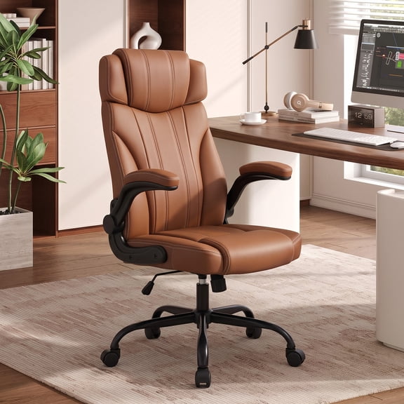 Pinmoco High Back Executive Office Chair, Ergonomic PU Leather Desk Chair with Flip-Up Arms, Adjustable Height, 360 Swivel, Tilt Function, Brown