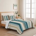 thumbnail image 5 of Twin Quilt Set 68''x86'', Turquoise Beige Lightweight Summer Bedspread Coverlet Set with 2 Pillow Shams, Boho Vertical Stripes Bohemian Retro Breathable All Season Quilt Bedding for Dorm/Bedroom, 5 of 9