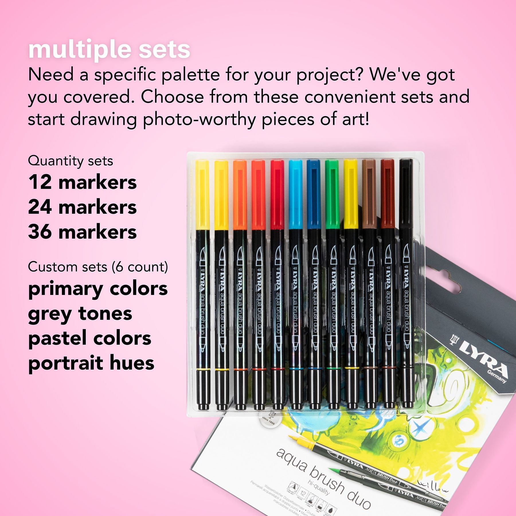Lyra Aqua Brush Duo Dual Tip Markers, Primary Set, Assorted Colors, 6 Piece, 2 Pack
