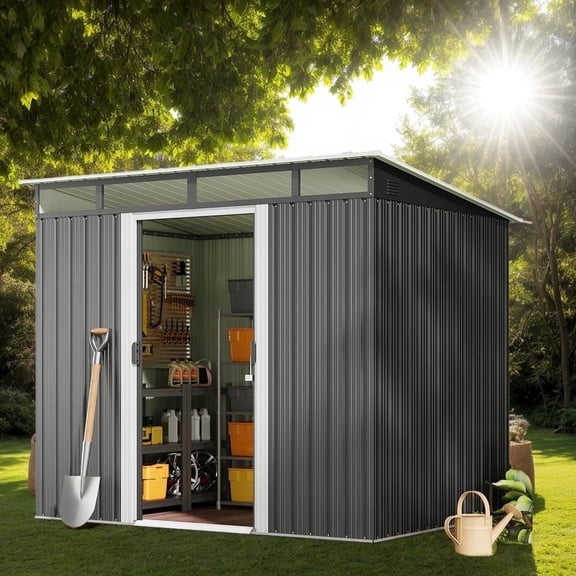 8' x 6' FT Outdoor Storage Shed, Metal Garden Shed with Transparent Panel Window, Heavy-Duty Weather Resistant for Backyard Garden, Dark Gray