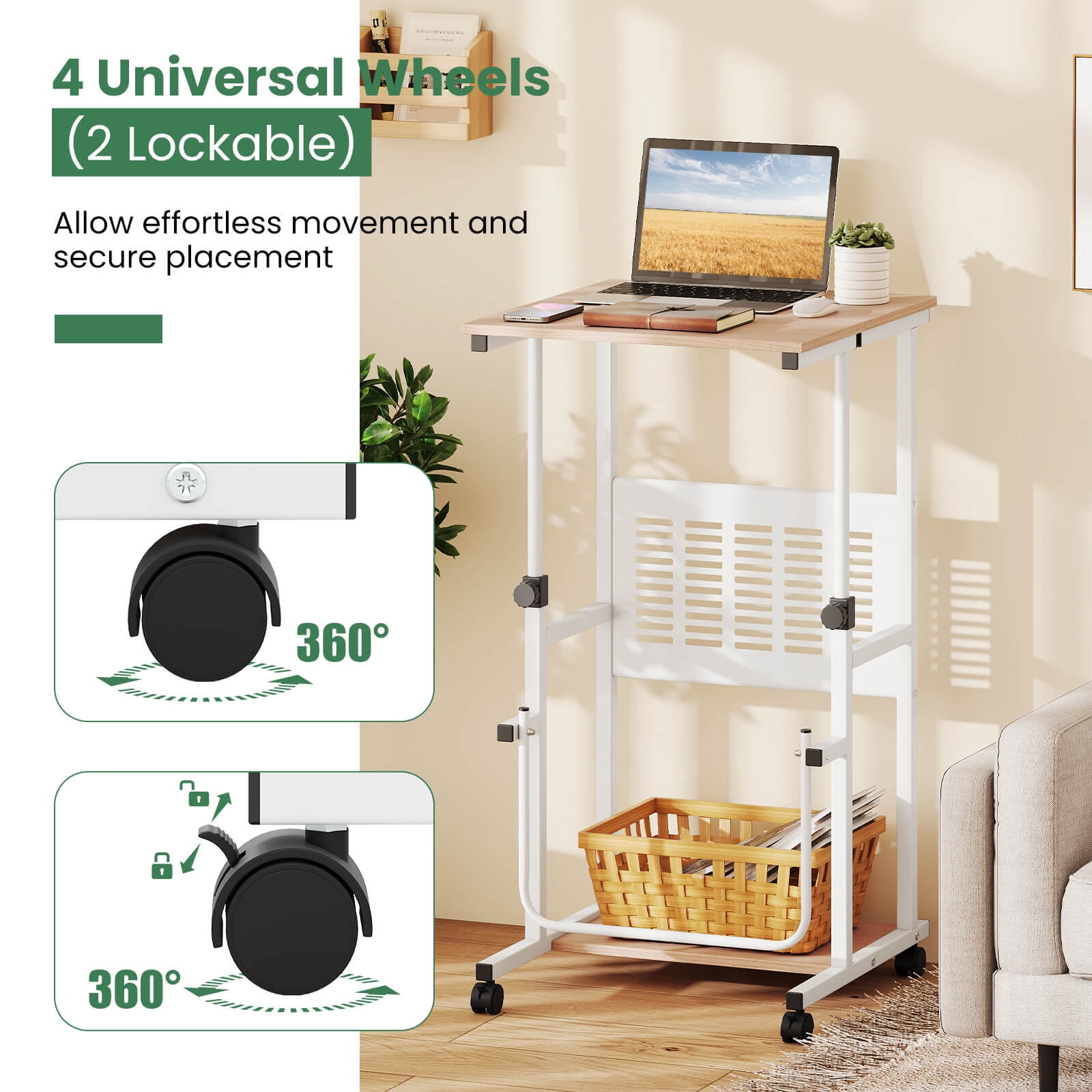 Costway Adjustable Standing Desk with Footrest Mesh Panel Lockable Wheels Sit Home Office