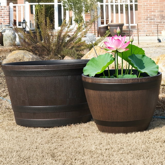Flowerpot with Built-In Drainage System Rustic Style Garden Container Entryway Decorative Planter Barrel Flowers Herbs Vegetables Small Shrubs Balcony Flower Pot