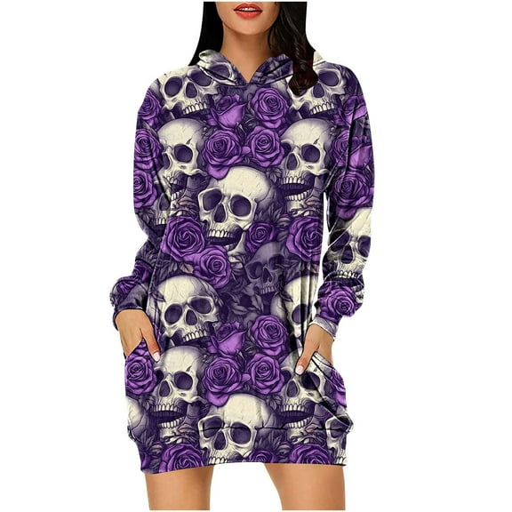 Taqqpue Halloween Costume Hoodie Dress for Women Fashion Ghost Pumpkin Witch Mini Dresses Long Sleeve Outfit Cosplay Halloween Party Dress with Pockets