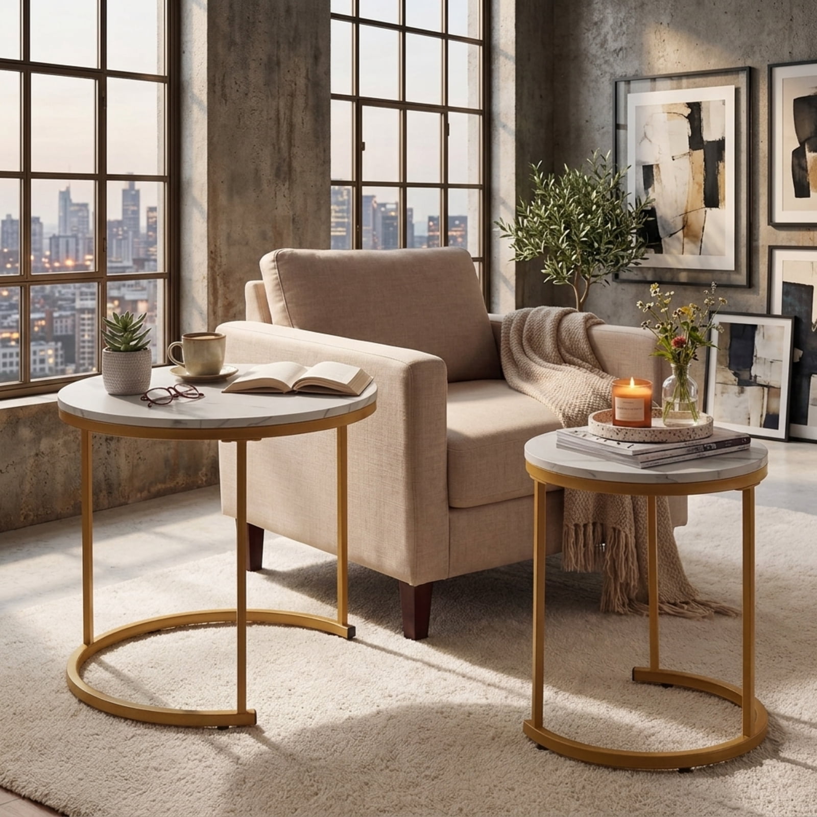 Furnibear Set of 2 Modern Round Stacking Nesting Coffee Tables with Powder Coated Steel Frame for Living Room and Bedroom, Gold