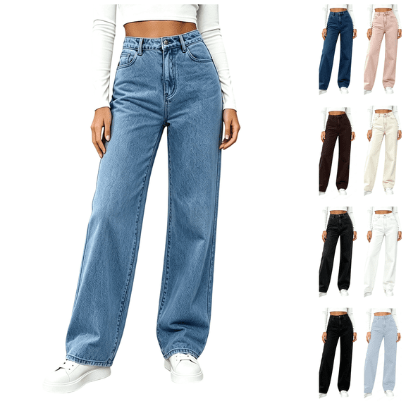 cocolona Womens Plus Size High Waist Jean Pants Elastic Waist Straight Wide Leg Denim Pants with Pockets