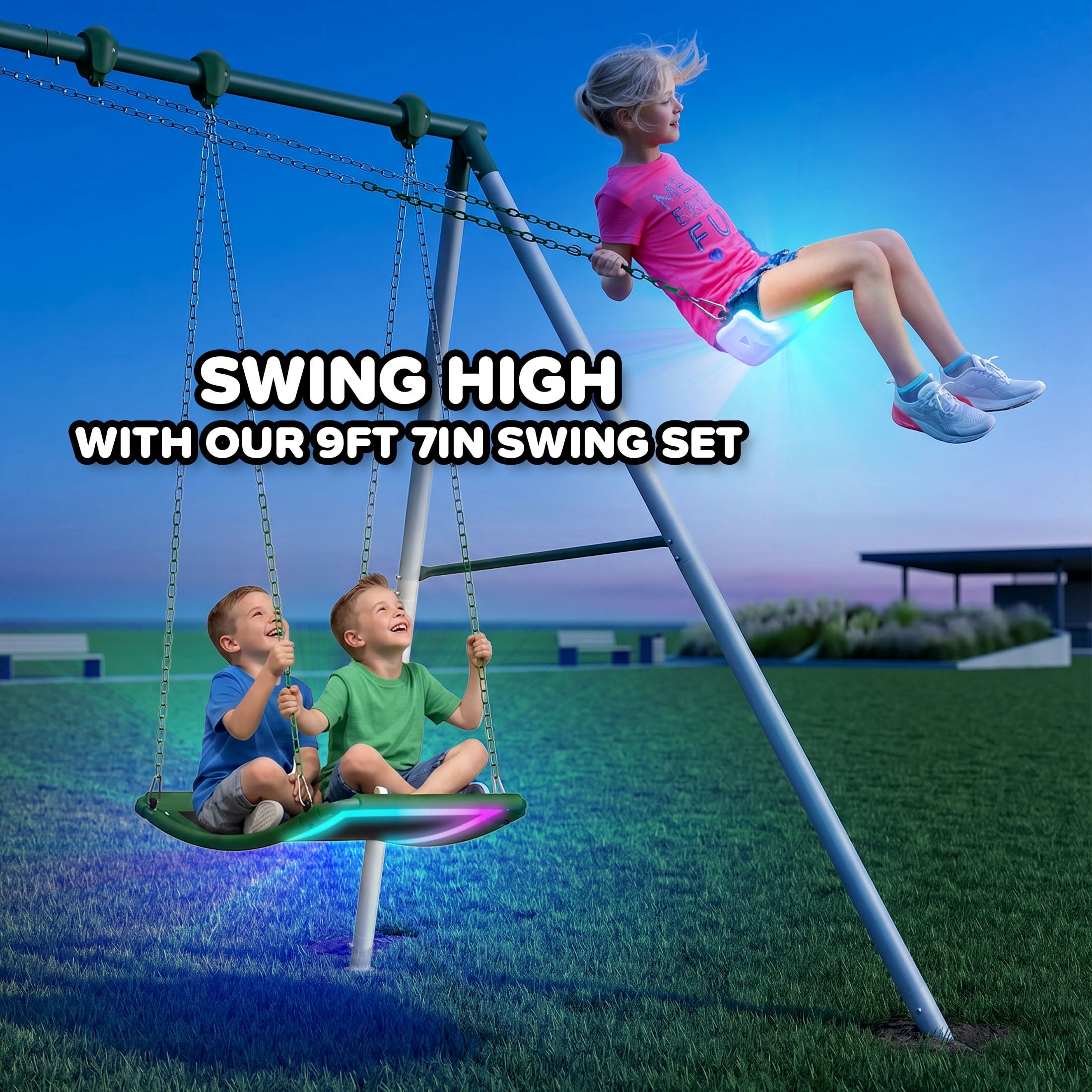 Sportspower Mt. Fuji LED 9.5ft Metal Swing Set for Kids and Adults, Heavy Duty Backyard Playset with Light-Up Swings & 2-Person Skyflyer, Green/White