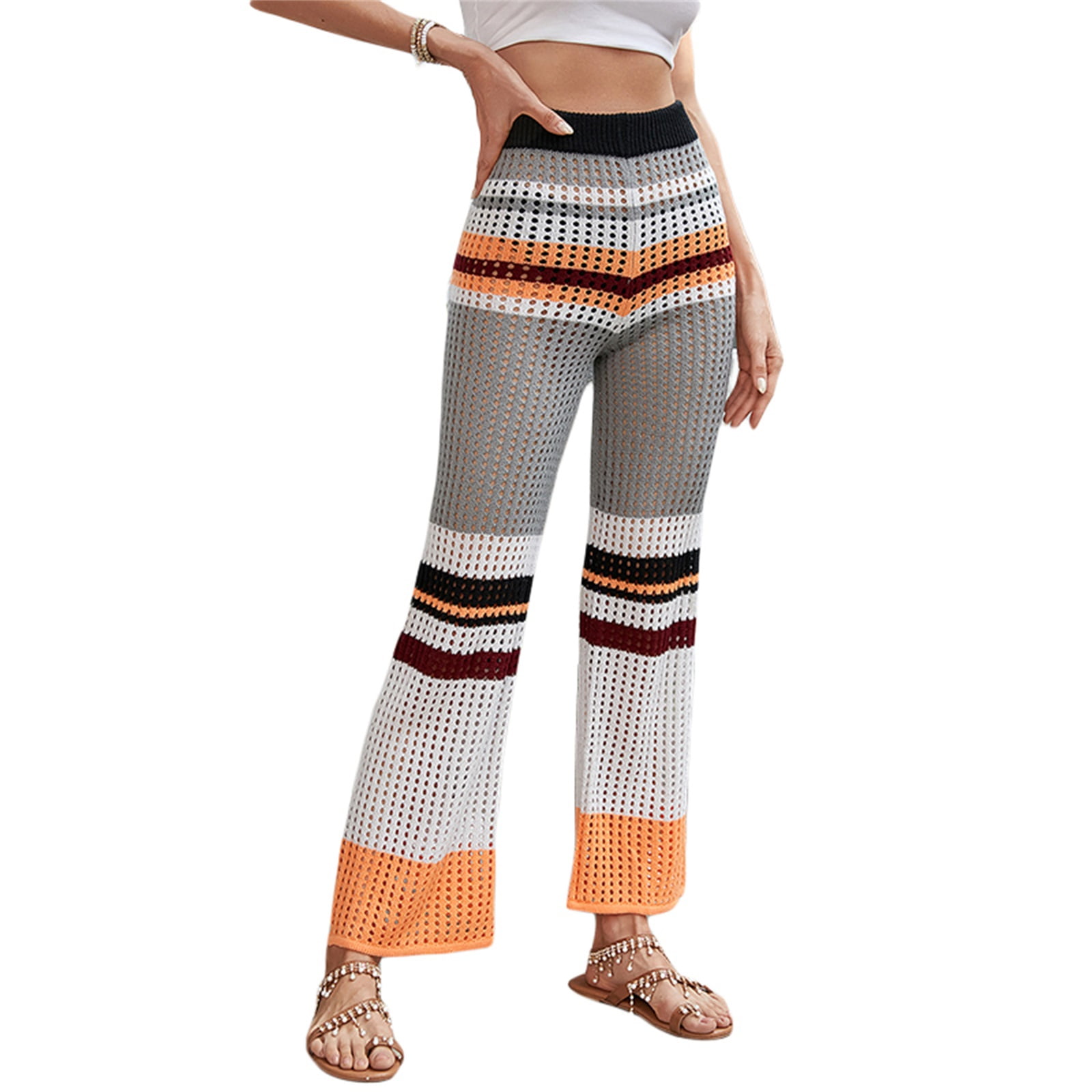 Biekopu Women Summer Mesh Flower Ruffle Pants Beach Sexy See Through Bottom Cover Ups