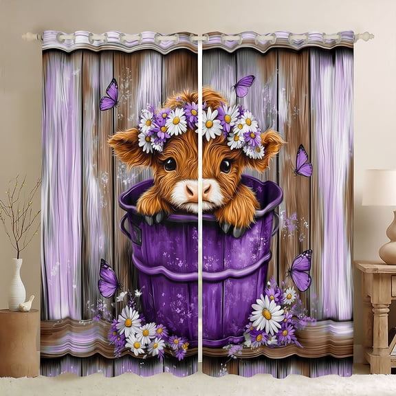 Homewish Cute Little Cow Blackout Curtains Set of 2 (52x84 Each) for Teen, Rustic Farmhouse Animal Window Curtains, Purple Wooden Plank Curtains and Drapes, Blackout Curtains Room Decor