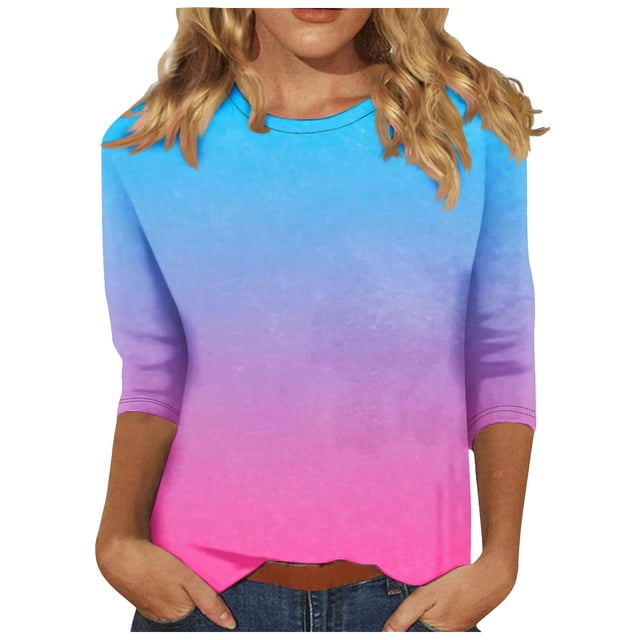 aidice T-Shirts Grande Taille pour Femmes, Ajustement Confortable, Col Rond, Manches 3/4, Dégradé de Couleur