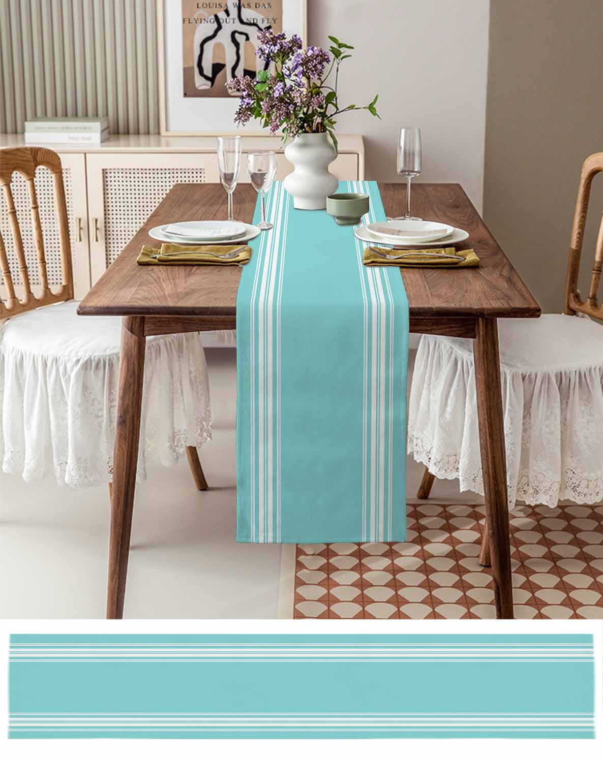 Table Runner Teal Stripes Table Decoration for Kitchen Dinning French Stripe Farmhouse Style Table Decoration for Indoor Outdoor Party Wedding Decor 13x90inch