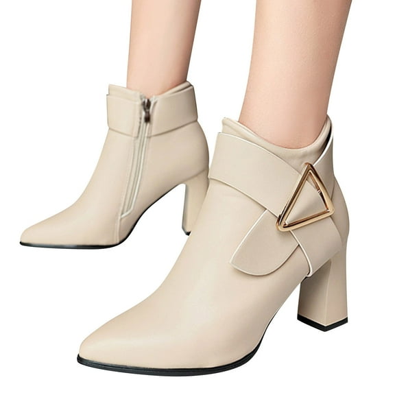 Mepaouo Women's Heeled Ankle Boots Fashion Pointed Toe Heel Side Zipper Short Booties(Beige,6.5)