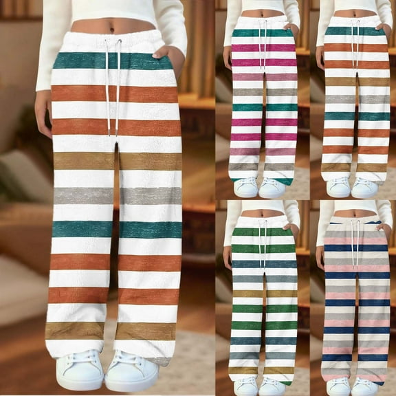 FRSASU Women's Comfy Pajama Pants Flannel Non Positioning Striped Printed Elastic Drawstring Lounge Wide Leg Pants Pink