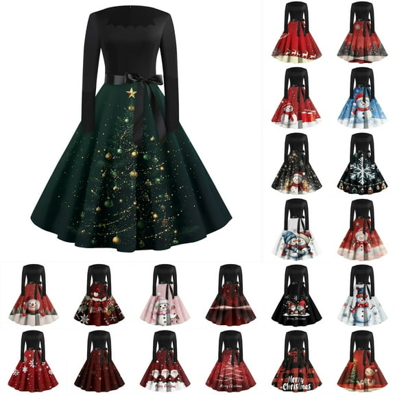 Women's Casual Fashion Printed Retro Square Neck Long Sleeve Dress with AI Christmas Theme, Fall and Winter Dress for Casual and Party Occasions, Soft Fabric,Dark Green,L