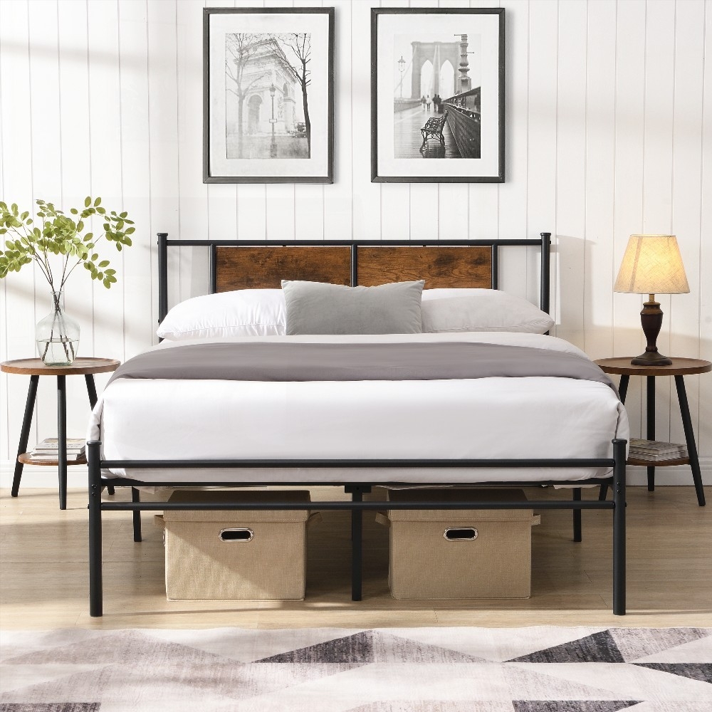 King Size Metal Platform Bedframe with Wood Panel Headboard, Black, for Bedroom