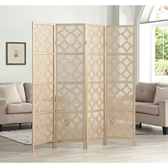 Roundhill Furniture Quarterfoil Infused Diamond Design 4-Panel Room Divider, Gold