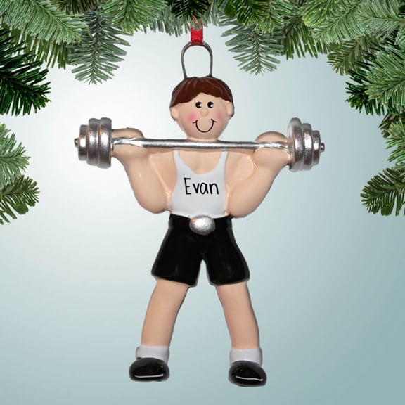 Personalized Power Lifter Man - Brown Hair Christmas Ornament - Fitness - Working out at the Gym - Weightlifter - Bodybuilder - Exercise - Great Gift Ideas