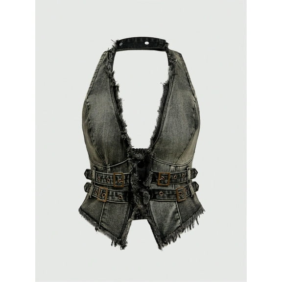 Plus Size Sexy Halter Backless Asymmetrical Crop Denim Tank Top with Grommet Eyelet Details