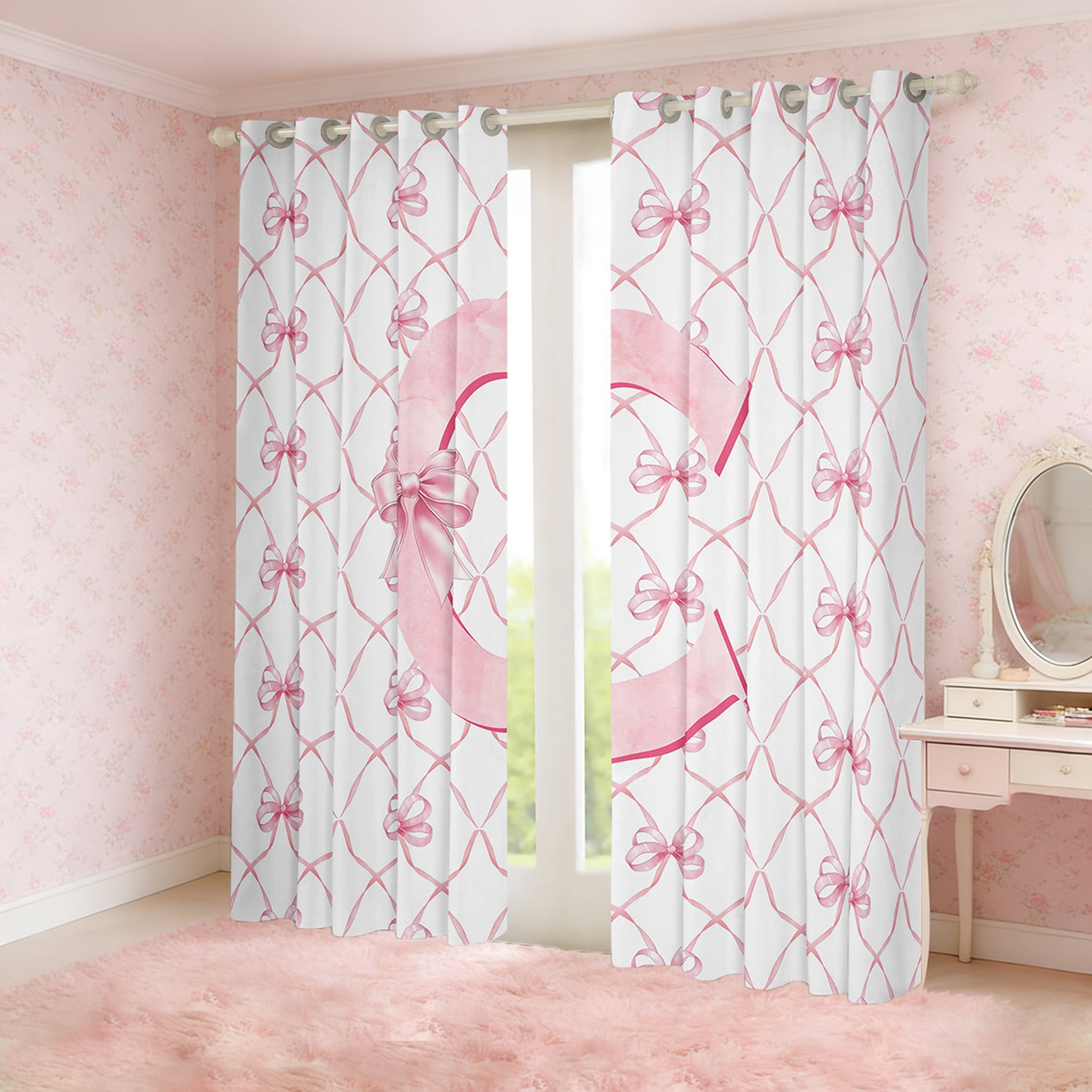 Manfei Personalized Gifts Curtains and Drapes (38x54),Latter C Blackout Curtains for Bedroom,Pink Kawaii Bow Curtains Pack of 2 (38x54),Lightweight Room Decoration