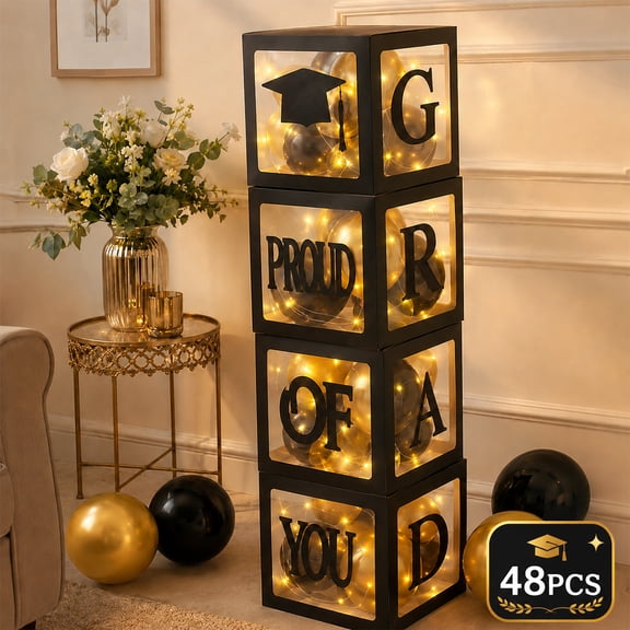 Graduation Party Decorations 2026 Graduation Balloon Boxes with Gold Balloon Black Letters for College Graduation Party Favors Supplies 48Pcs